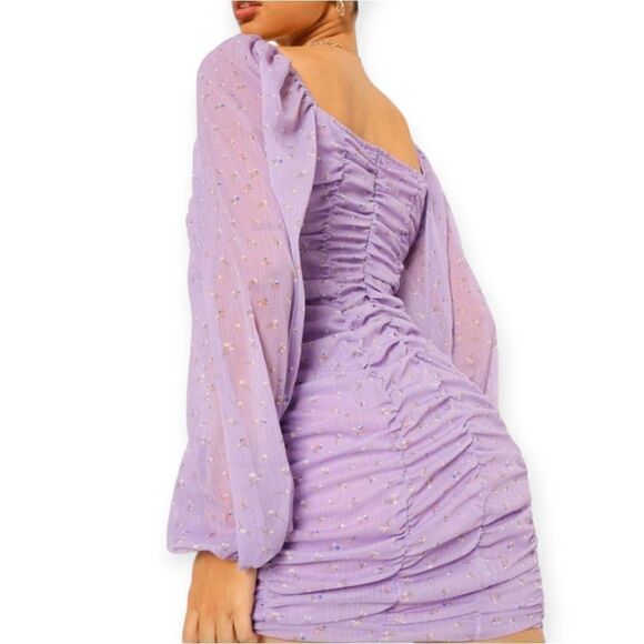 Boohoo long sleeve ruched front chiffon mini dress, size 18 - Picture 2 of 13